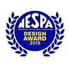 NESPAA Design Award logo for 2019 featuring a blue circular emblem surrounded by laurel leaves, highlighting recognition in design excellence within the swimming pool and spa industry.