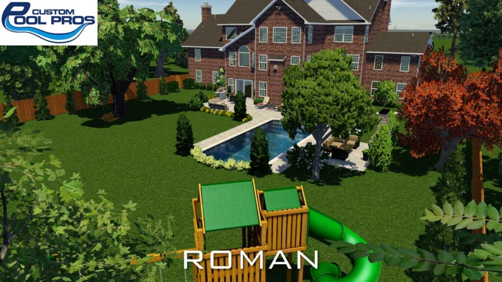 3d design of inground pool and full backyard, roman style angle 3