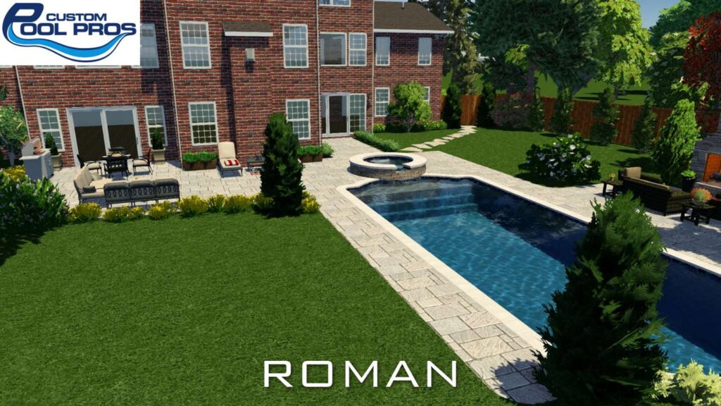 3d design of inground pool and full backyard, roman style angle 2