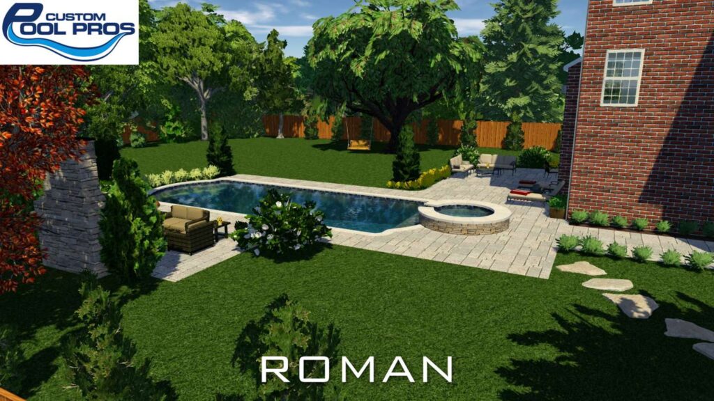 3d design of inground pool and full backyard, roman style