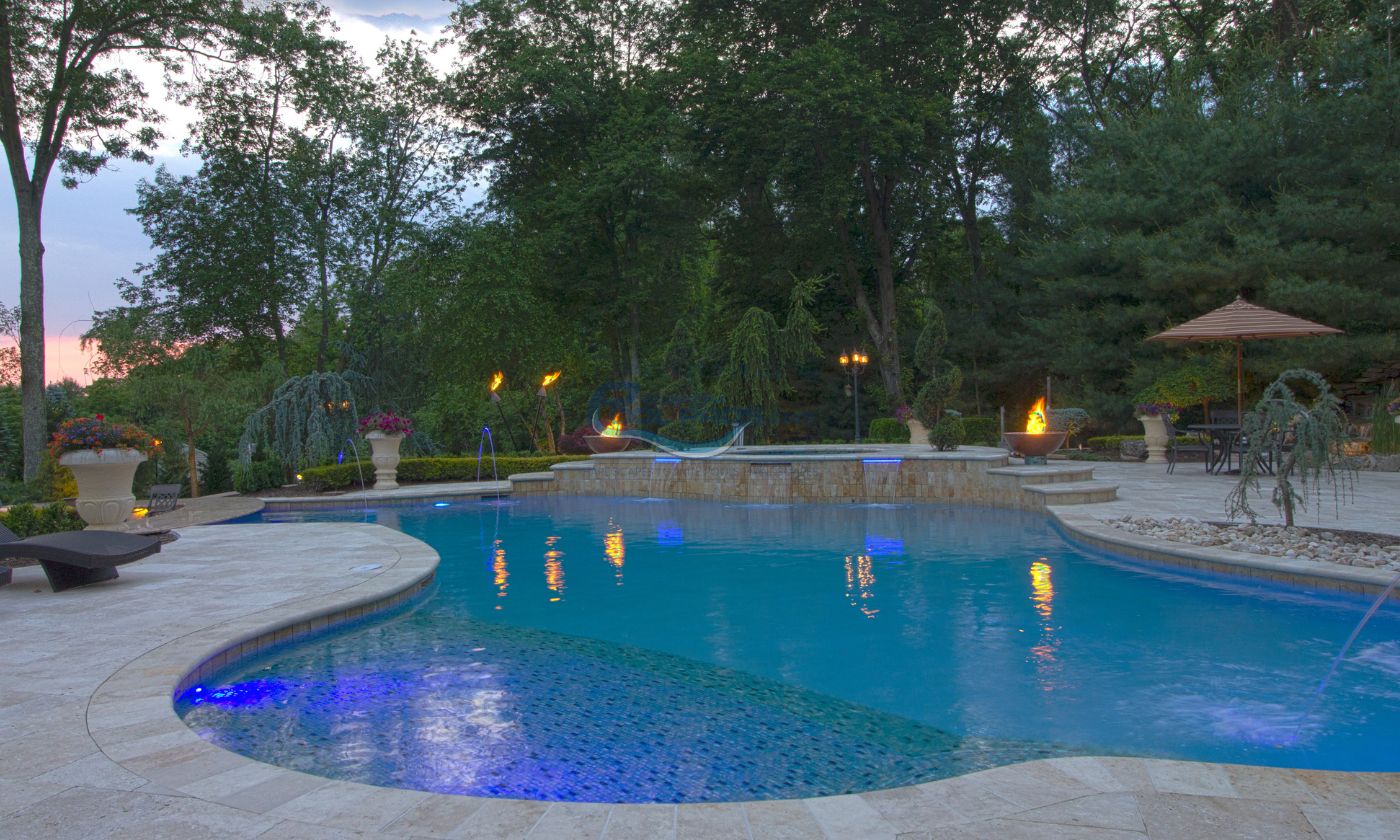 custom gunite pool installation with fire bowls in Scotch Plains, NJ